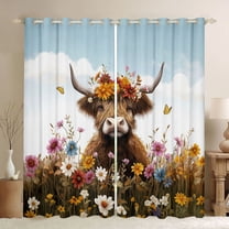 jejeloiu Cute Highland Cattle Black Out Curtains,Colorful Rustic Flowers Curtains Pack of 2 (42x63 Each),Kawaii Daisy Blossom Bedroom Curtains For Girls Boys,Luxury Bedroom Decor