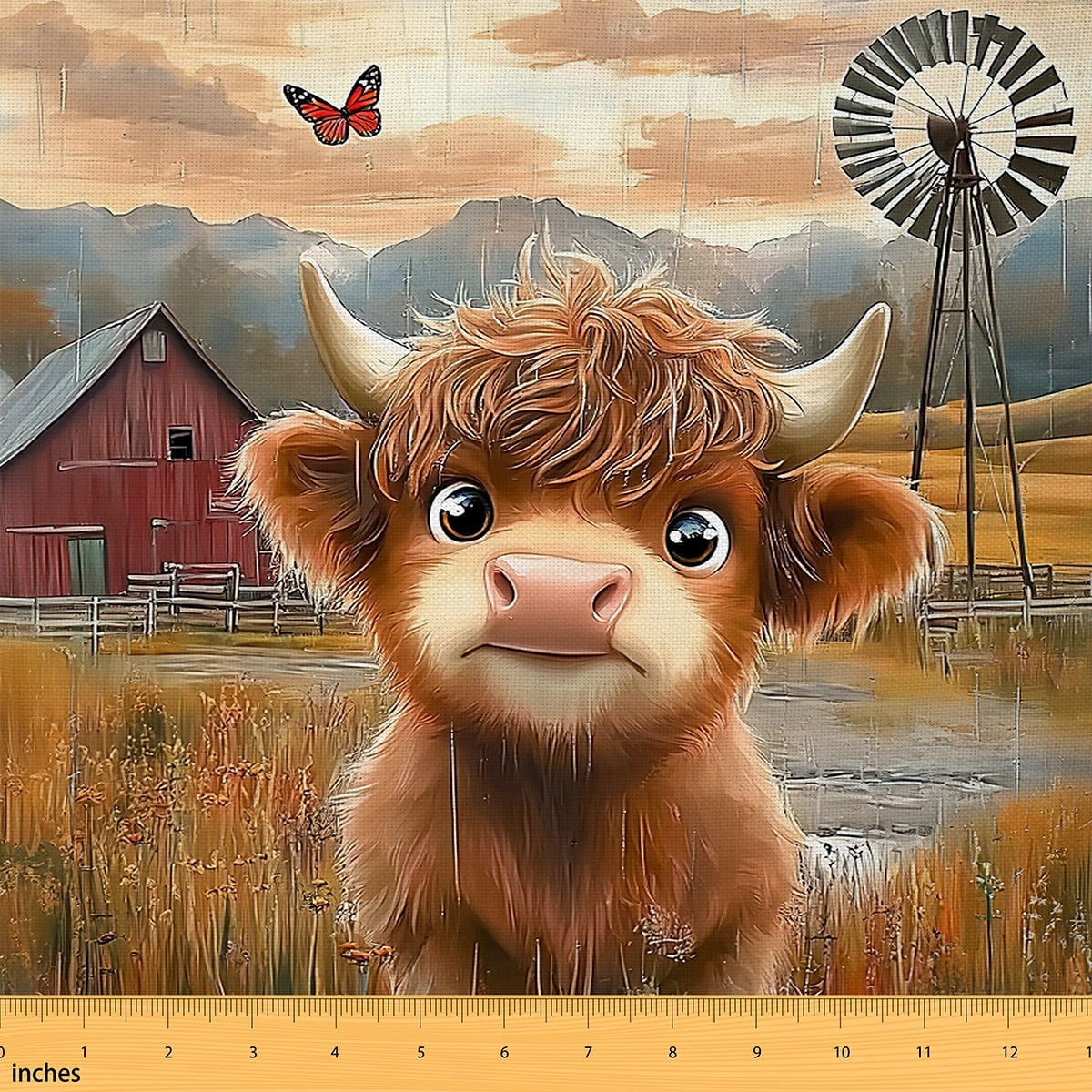 jejeloiu Cute Highland Cattle Fabric by the Yard 1 Yard,Old Barn Door Home Decor Fabric by the Yard,Western Farm Windmill Sewing Fabric For Men Women,Microfiber Bedroom Decor