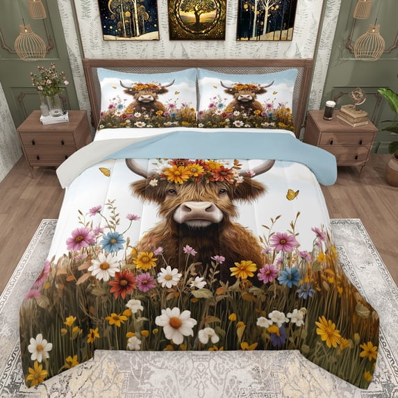 jejeloiu Cute Highland Cattle Queen Comforter Set,Colorful Rustic Flowers Bedding Sets,Kawaii Daisy Blossom Bedding Comforter Set For Girls Boys,Luxury Bedroom Decor Reversible,3-Piece
