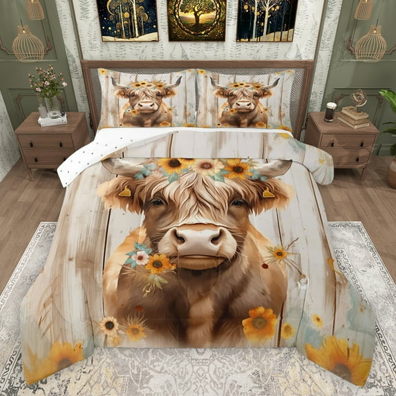 jejeloiu Cute Highland Cattle Queen Comforter Set,Rustic Plant Floral Bedding Sets,Old Wooden Board Bedding Comforter Set For Kids,Microfiber Bedroom Decor Reversible,3pcs