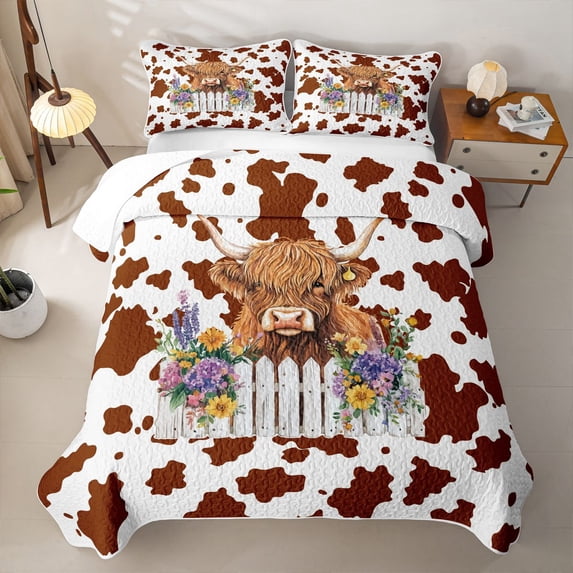 jejeloiu Cute Highland Cattle Quilt King Kids,Farm Cow Print King Coverlet Set,3-Piece
