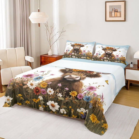jejeloiu Cute Highland Cattle Twin Sheet Sets,Colorful Rustic Flowers Twin Fitted Sheet,Kawaii Daisy Blossom Flat Sheet For Girls Boys,Luxury Bedroom Decor,3 Pieces