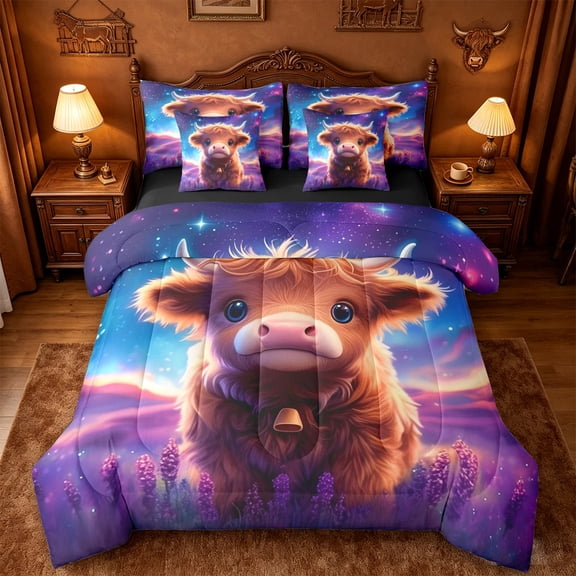 jejeloiu Cute Highland Cow 7-Piece Twin Bedding Sets Kids,Farm Cattle Purple Space Galaxy Bedding Comforter Set For Girls,Reversible