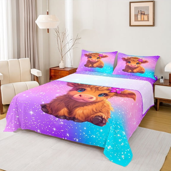 jejeloiu Cute Highland Cow Bed Sheets,Rustic Farmhouse Cattle King Sheets,Gradient Purple Pink Blue Sheet Set For Girls,Luxury Bedroom Decor,4-Piece