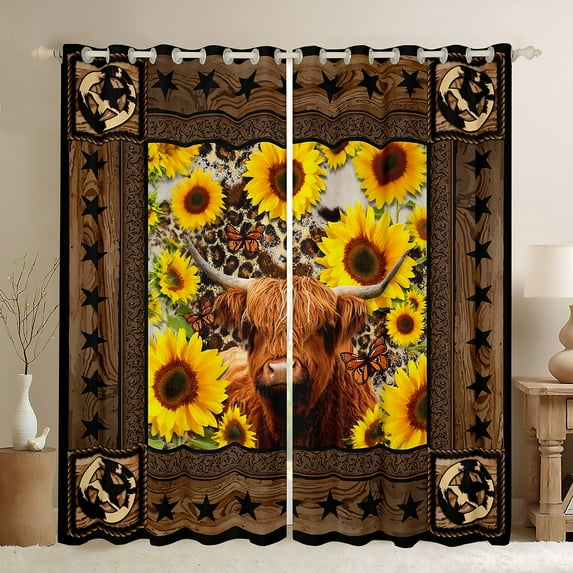 jejeloiu Cute Highland Cow Blackout Curtains Set of 2 (52x84 Each),Rustic Botanical Sunflower Window Curtains,Brown Leopard Print Curtains and Drapes For Boys Kids,Super Cozy Room Decor