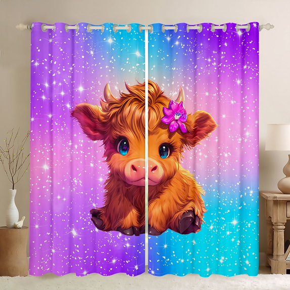 jejeloiu Cute Highland Cow Curtains Pack of 2 (42x84 Each),Rustic Farmhouse Cattle Curtains Blackout,Gradient Purple Pink Blue Bedroom Curtains For Girls,Luxury Bedroom Decor