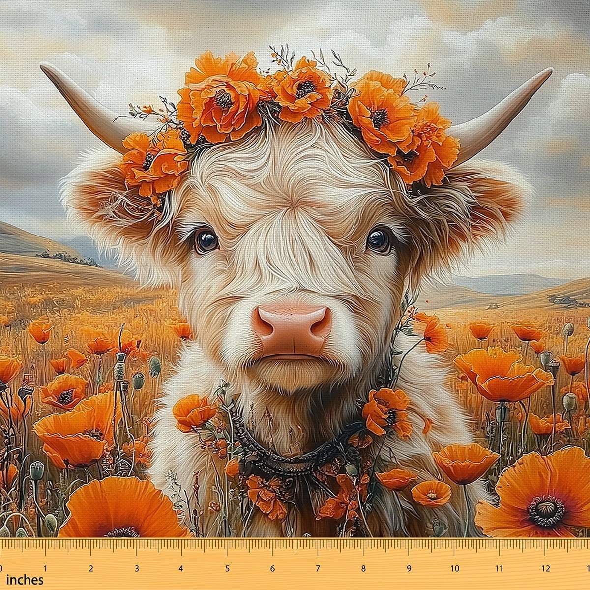 jejeloiu Cute Highland Cow Fabric by the Yard 1 Yard,Farm Animal Home Decor Fabric by the Yard,Orange Flower Floral Sewing Fabric For Teens,Microfiber Bedroom Decor