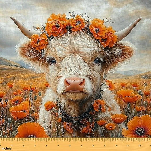 jejeloiu Cute Highland Cow Fabric by the Yard 1 Yard,Farm Animal Home Decor Fabric by the Yard,Orange Flower Floral Sewing Fabric For Teens,Microfiber Bedroom Decor