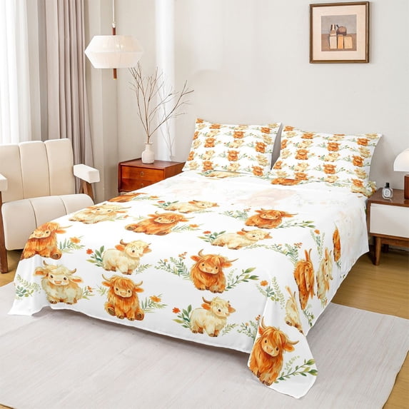 jejeloiu Cute Highland Cow Pattern Queen Sheet Sets Kids,Rustic Farm Animals Bed Set For Men,4pcs