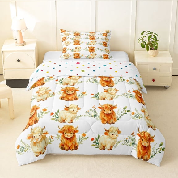 jejeloiu Cute Highland Cow Pattern Twin Comforter Sets Kids,Rustic Farm Animals Bedding Set For Men,Reversible,2-Piece