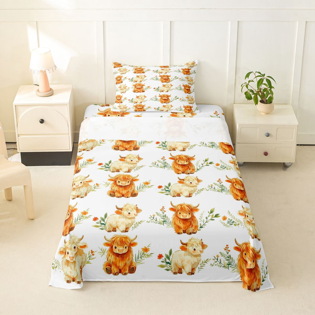 jejeloiu Cute Highland Cow Pattern Twin Sheet Sets Kids,Rustic Farm ...