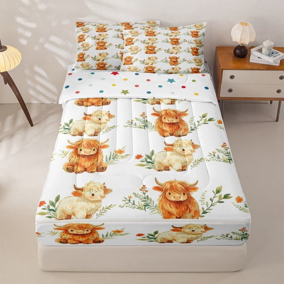 jejeloiu Cute Highland Cow Pattern Zipper Twin Comforter Sets with Fitted Sheet and 2 Pillowcases Kids,Rustic Farm Animals Zipper Bedding Set For Men,Reversible,4 Pieces