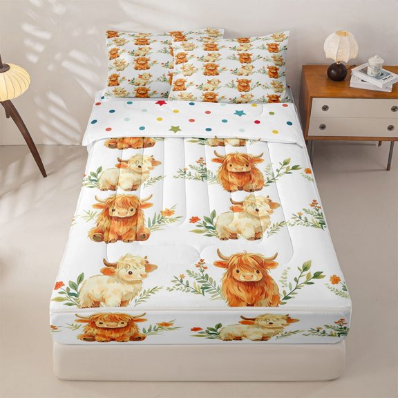 jejeloiu Cute Highland Cow Pattern Zipper Twin Comforter Sets with Fitted Sheet and 2 Pillowcases Kids,Rustic Farm Animals Zipper Bedding Set For Men,Reversible,4 Pieces
