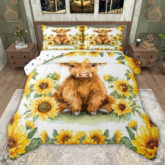 jejeloiu Cute Highland Cow Queen Comforter Set,Yellow Sunflower Blossom Bedding Comforter Set For Girls Teens Reversible 3 Pieces