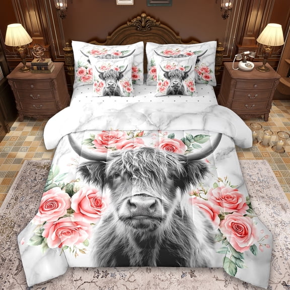 jejeloiu Cute Highland Cow Twin Bedding Sets 7-Piece,Pink Flower Bedding Comforter Set,Rustic Farmhouse Cabin Sheet Sets,Super Cozy Room Decor
