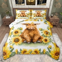 jejeloiu Cute Highland Cow Twin Comforter Sets,Yellow Sunflower Blossom Bedding Set For Girls Teens Reversible 2pcs