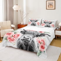 jejeloiu Cute Highland Cow Twin Sheet Sets,Pink Flower Twin Fitted Sheet,Rustic Farmhouse Cabin Flat Sheet,Super Cozy Room Decor,3pcs