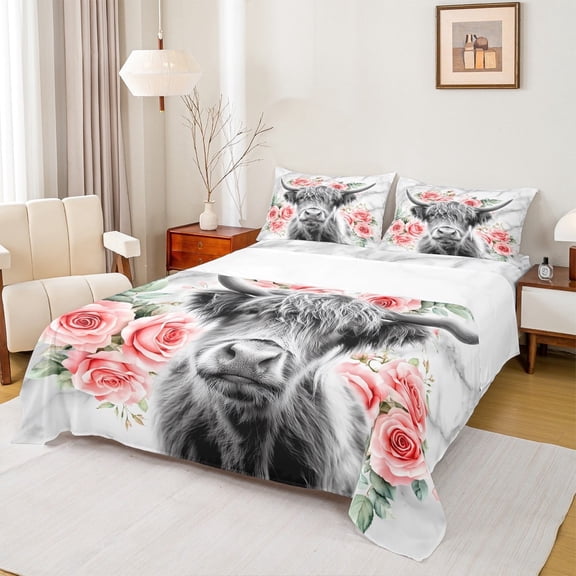 jejeloiu Cute Highland Cow Twin Sheet Sets,Pink Flower Twin Fitted Sheet,Rustic Farmhouse Cabin Flat Sheet,Super Cozy Room Decor,3pcs