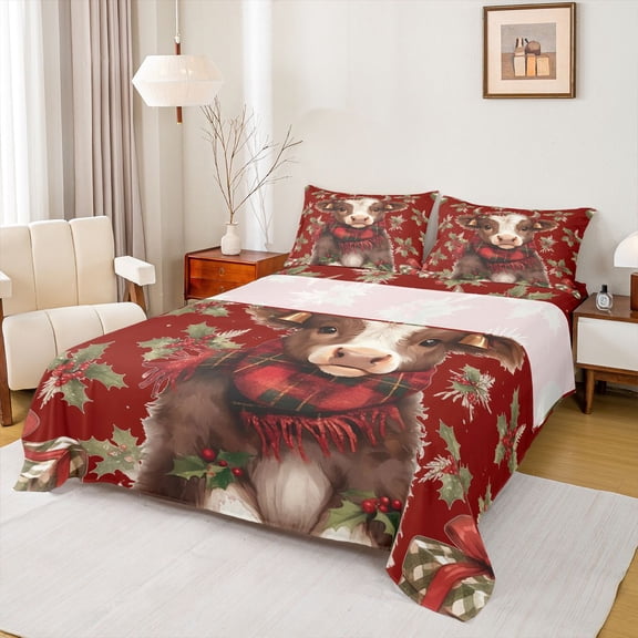jejeloiu Highland Cow Christmas Twin 3-Piece Ultra Soft Sheet Set