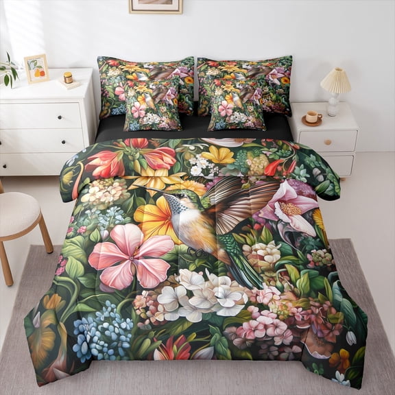 jejeloiu Cute Hummingbird 7-Piece Bedding Comforter Set,Colorful Flower King Bedding Sets,Rustic Floral Bed Sheets For Girls,Microfiber Bedroom Decor Reversible