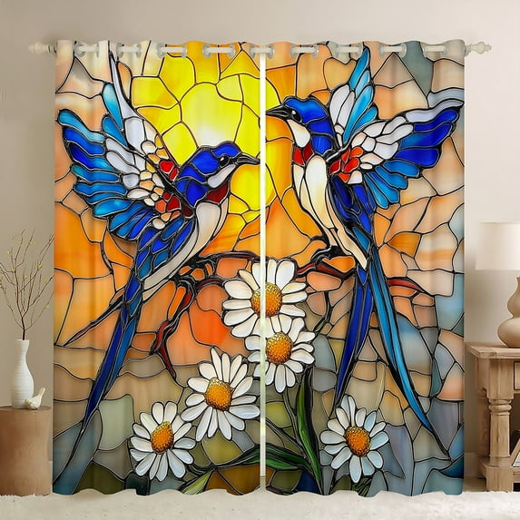 jejeloiu Cute Hummingbird Curtains Pack of 2 (42x84 Each),Rustic Daisy Flower Curtains Blackout,Colorful Glass Bedroom Curtains For Men Women,Luxury Bedroom Decor