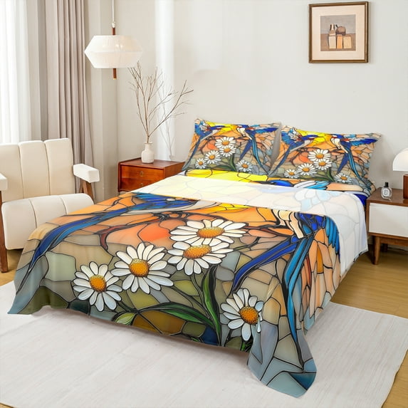 jejeloiu Cute Hummingbird Full Size Sheets,Rustic Daisy Flower Bed Sheets,Colorful Glass Sheet Sets For Men Women,Luxury Bedroom Decor,4pcs