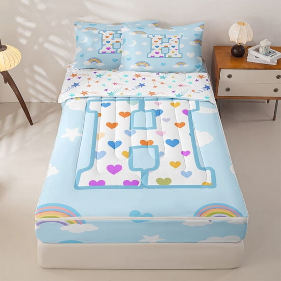 jejeloiu Cute Initial Alphabet H Zipper Twin Comforter Sets with Fitted Sheet and 2 Pillowcases,Rainbow Heart Cloud Initial Art Zipper Bedding Set For Girls,Colorful Stars Reversible,4 Pieces