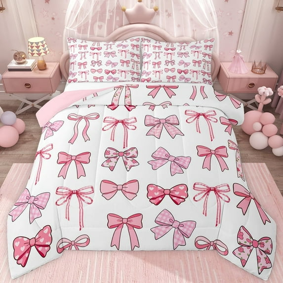 jejeloiu Cute Kawaii Bow Full Size Comforter Sets,Girls Cute Bowtie Bedding Sets For Girls Women Reversible 3pcs
