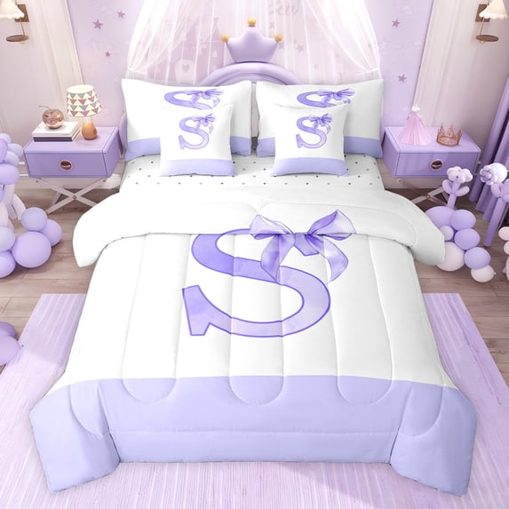jejeloiu Cute Kawaii Bowknot 7 Pieces Bedding Comforter Set,Purple Letter C Full Bedding Set For Girls Reversible