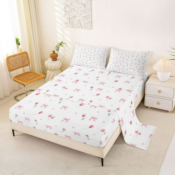 jejeloiu Cute Kawaii Bowknot Queen Sheet Sets,Pink Tulip Loves Bed Set For Girl 4-Piece