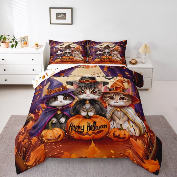jejeloiu Cute Kitten Full Size Comforter Sets,Happy Halloween Bedding Comforter Set,Funny Pumpkin Bedding Sets For Child,Luxury Bedroom Decor Reversible,3pcs