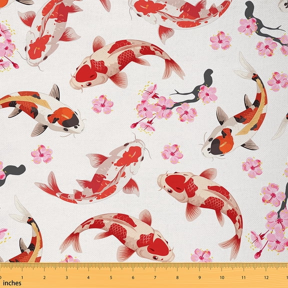 jejeloiu Cute Koi Fish Fabric by the Yard 2 Yards, Pink Cherry Blossoms Room Decor Fabric by the Yard, Japanese Style Fabric for Sewing, Ultra Soft Home Decor