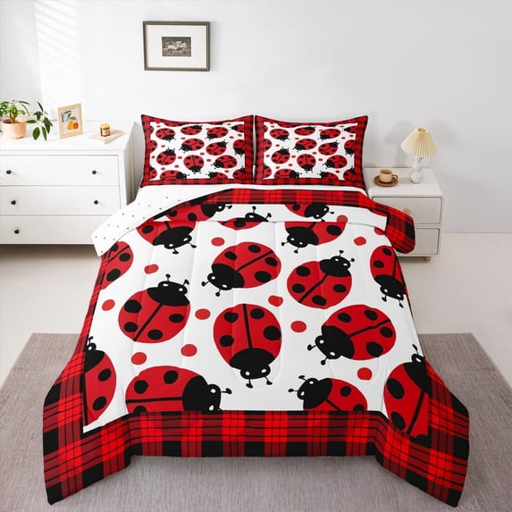 jejeloiu Cute Ladybug Full Size Comforter Sets,Reometric Geometric Plaid Bedding Comforter Set,Red White Black Bedding Sets For Boys Kids,Ultra Soft Home Decor Reversible,3 Pieces