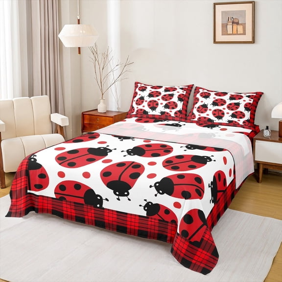 jejeloiu Cute Ladybug Queen Sheet Sets,Reometric Geometric Plaid Flat Sheet,Red White Black Queen Fitted Sheet For Boys Kids,Ultra Soft Home Decor,4pcs