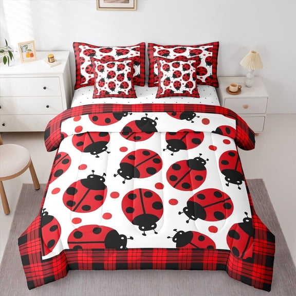jejeloiu Cute Ladybug Twin Bedding Sets 7-Piece,Reometric Geometric Plaid Bedding Comforter Set,Red White Black Sheet Sets For Boys Kids,Ultra Soft Home Decor Reversible