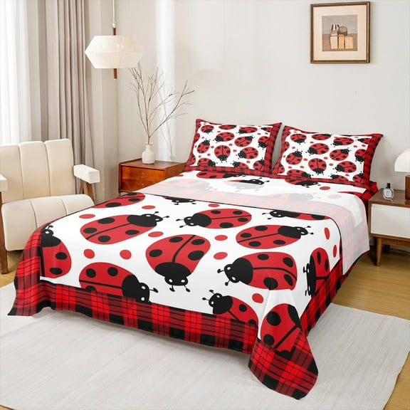 jejeloiu Cute Ladybug Twin Sheet Sets,Reometric Geometric Plaid Twin Fitted Sheet,Red White Black Flat Sheet For Boys Kids,Ultra Soft Home Decor,3-Piece