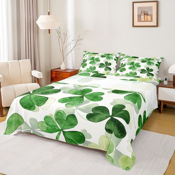 jejeloiu Cute Leaves Clover Bed Sheets,St.Patrick Day King Sheets,Green White Sheet Set For Boys Girls,Luxury Bedroom Decor,4pcs
