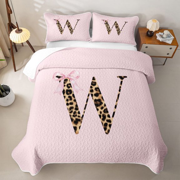 jejeloiu Cute Leopard Bow W Bed Spread Queen For Girls,Cheetah Print Monogram Initial Art Queen Coverlet Set For Kids,3pcs