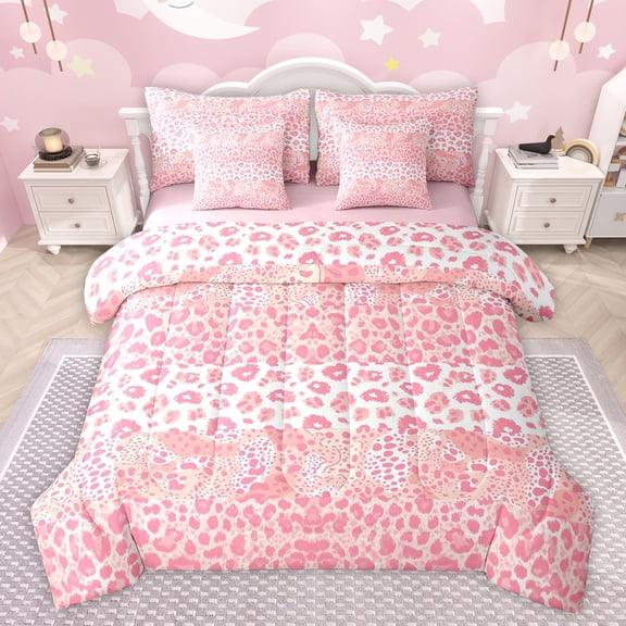 jejeloiu Cute Leopard Print 7-Piece Bedding Comforter Set,Modern Fulid Ink King Bedding Sets,Pink Cheetah Pattern Bed Sheets For Adults,Ultra Soft Home Decor Reversible