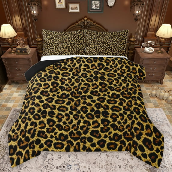 jejeloiu Cute Leopard Print Full Size Comforter Sets,Cartoon Cheetah Pattern Bedding Comforter Set,Brown Beige Black Bedding Sets For Adults,Ultra Soft Home Decor Reversible,3 Pieces
