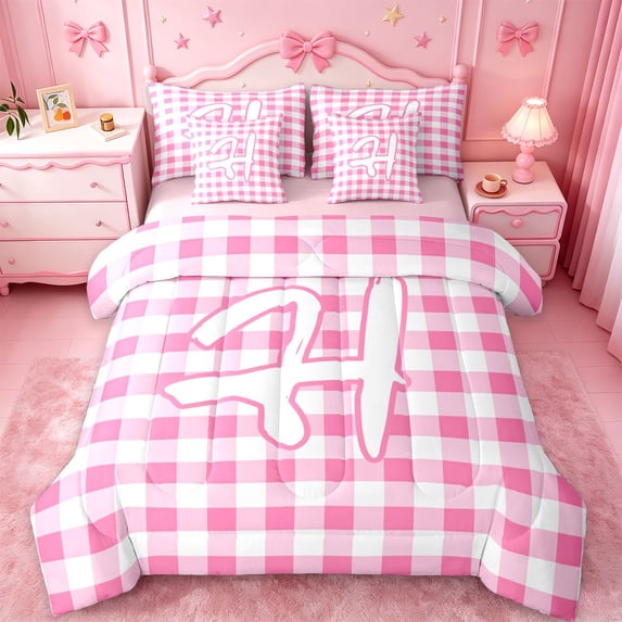 jejeloiu Cute Letter Monogram H 7-Piece Twin Bedding Sets For Girls,Pink Graffiti Initial Alphabet Bedding Comforter Set,Pink Reversible