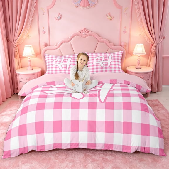 jejeloiu Cute Letter Monogram H Duvet Cover Set For Girls,Pink Graffiti Initial Alphabet Bedding Full,Pink Reversible,3-Piece(No Comforter)