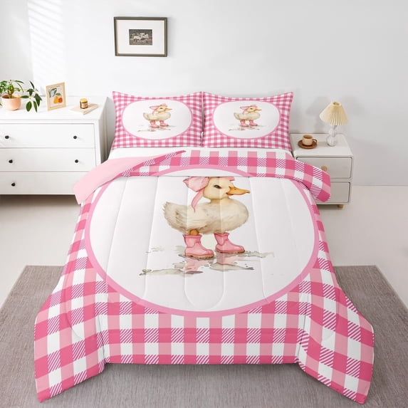 jejeloiu Cute Little Duckling Full Size Comforter Sets,Pink Bow Bowtie Bedding Comforter Set,Geometric Plaid Bedding Sets For Girl Boys,Luxury Bedroom Decor Reversible,3 Pieces