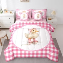 jejeloiu Cute Little Duckling Twin Bedding Sets 7-Piece,Pink Bow Bowtie Bedding Comforter Set,Geometric Plaid Sheet Sets For Girl Boys,Luxury Bedroom Decor Reversible
