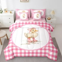 jejeloiu Cute Little Duckling Twin Bedding Sets 7-Piece,Pink Bow Bowtie Bedding Comforter Set,Geometric Plaid Sheet Sets For Girl Boys,Luxury Bedroom Decor Reversible