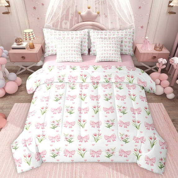 jejeloiu Cute Loves Pattern 7-Piece Bedding Comforter Set,Kawaii Bowtie Tulip King Bedding Sets For Girls Women Reversible