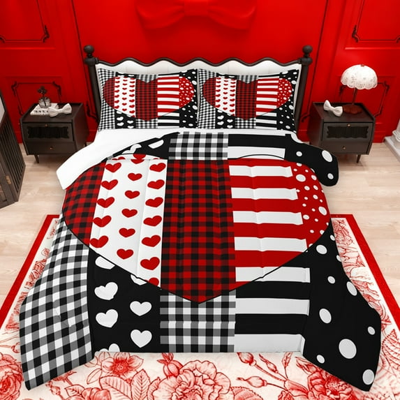 jejeloiu Cute Loves Pattern Bedding Comforter Set,Modern Geometric Plaid Twin Comforter Sets,Red White Black Bedding Set For Men Women,Ultra Soft Home Decor,2pcs