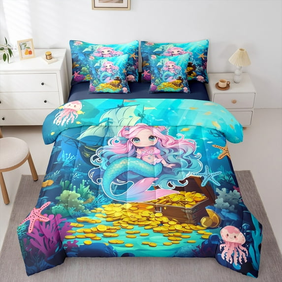 jejeloiu Cute Mermaid Bedding Comforter Set 7-Piece,Watercolor Sealife Coral King Bedding Sets,Gold Underocean Treasure Bed Sheets For Girls Boys,Microfiber Bedroom Decor Reversible