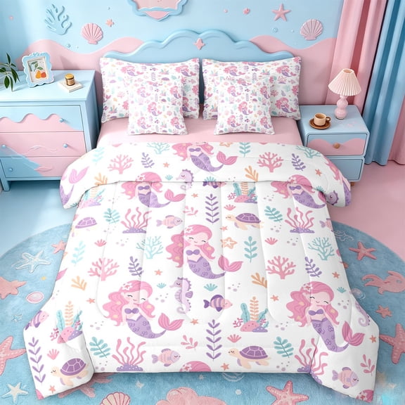 jejeloiu Cute Mermaid Print 7-Piece Twin Bedding For Girls,Pink Ocean Creatures Bedding Comforter Set,White Pink,Pink Reversible