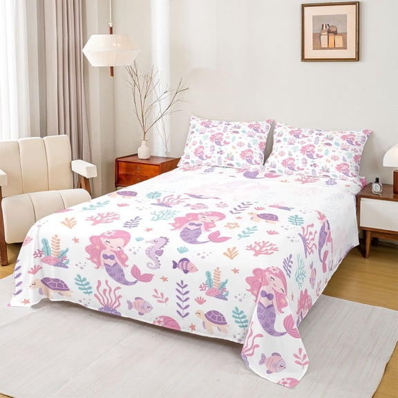 jejeloiu Cute Mermaid Print Bed Sheets For Girls,Pink Ocean Creatures Full Size Sheets,White Pink,4-Piece,1 Flat Sheet, 1 Fitted Sheet and 2 Pillowcases